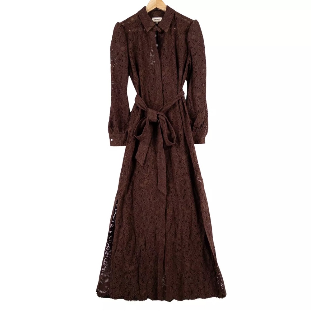 L'AGENCE XS Viviana Lace Shirt Dress Maxi Brown Floral Pattern Long Sleeve